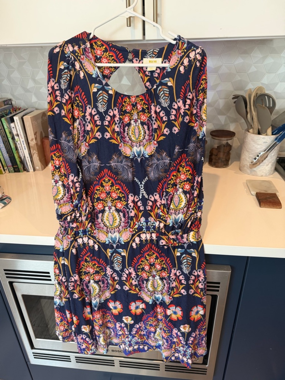 Maeve Navy Paisley Floral Keyhole-Front Mini Dress